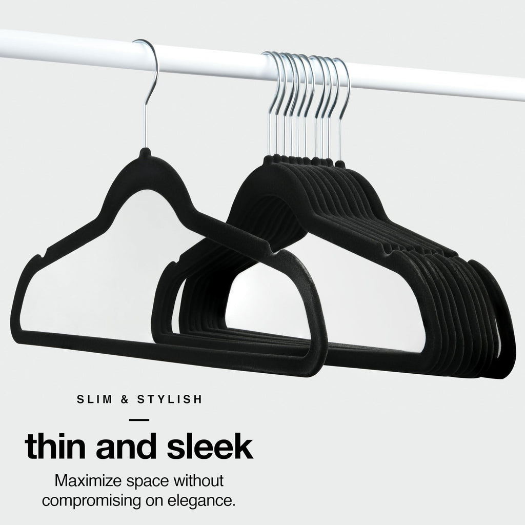 Premium Velvet Hangers 50 Pack - Black Slim Non-Slip Felt Hangers