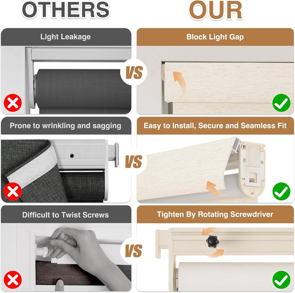 No Drill Cordless Blackout Roller Shades, Linen, | Thermal Insulation, UV Privacy Protection, Easy Install Fabric
