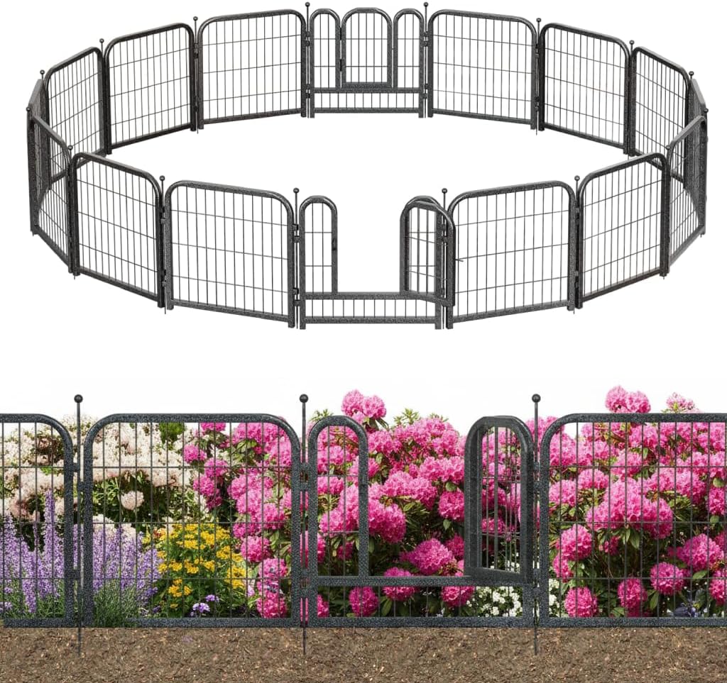 Decorative Garden Metal Fence 31.4ft (L)×24in (H) with 14 Panels 2 Gate Outdoor, No Dig Rustproof Wire, Animal