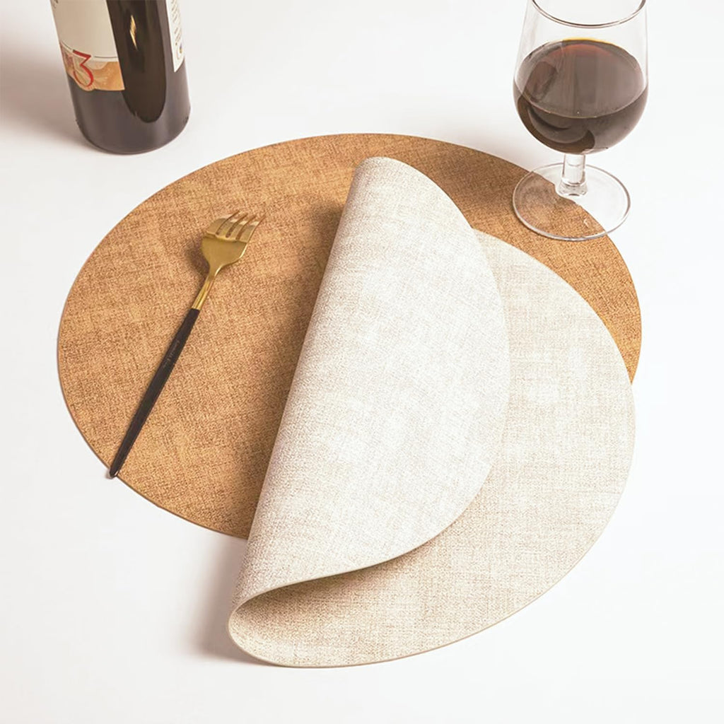 Round Placemats, 13 Inch Reversible Faux Leather Waterproof and Heat Resistant Place Mats, Beige Oilproof - Set of 4