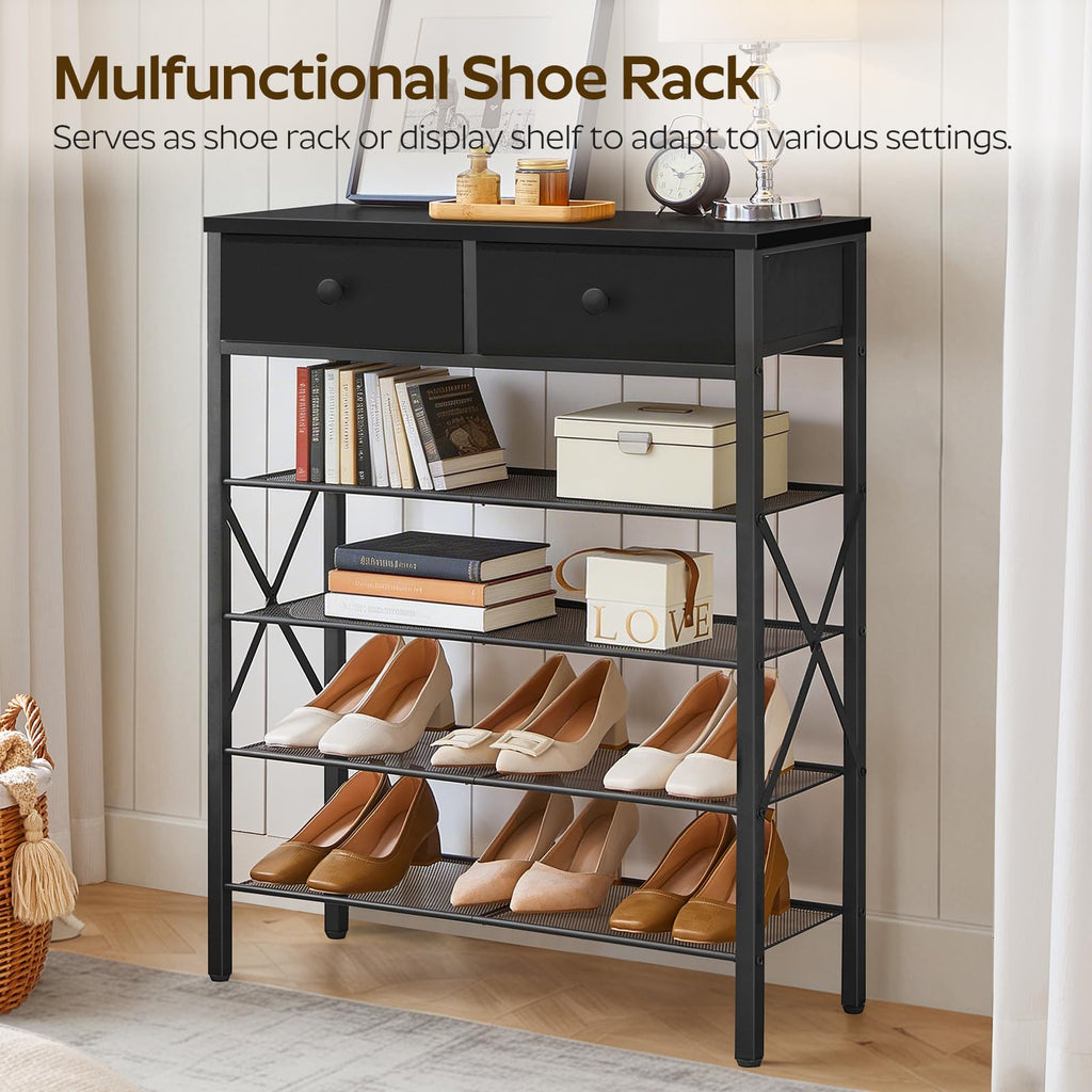 5 Tier Shoe Rack, Large Capacity Shoe Storage Organizer, Metal Shoe Shelf with Drawer and Wooden Top, for 20 Pairs of