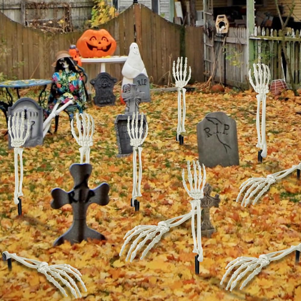 Halloween Skeleton Arm Decor White Hands Stakes - Set of 10