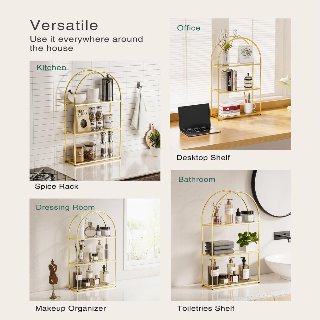 3-Tier Arched Wall Shelf with Gold Frame & Transparent Shelves