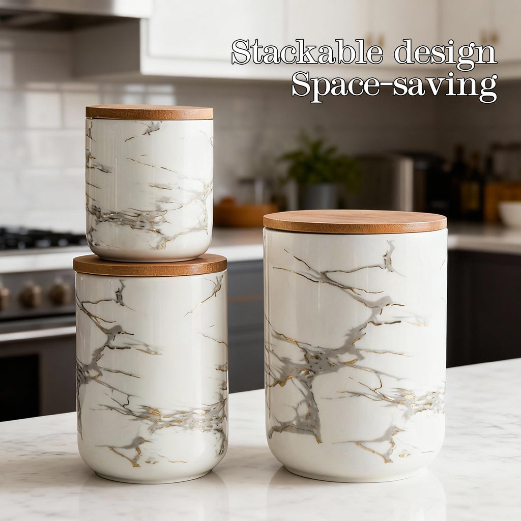 White Marble Ceramic Canister with Bamboo Lid, 3-Piece Airtight Jars