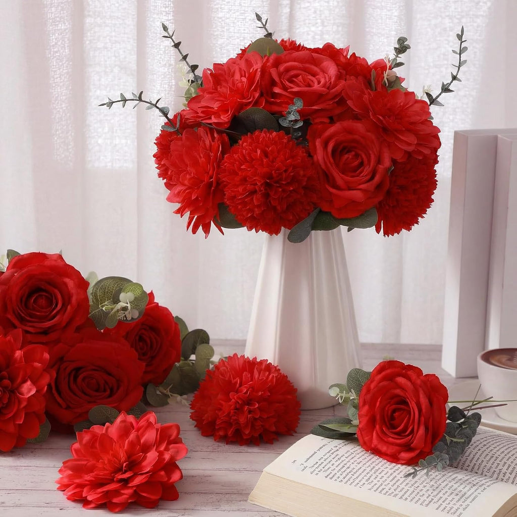 Artificial Flowers with Stems,Red Color - Set of 98