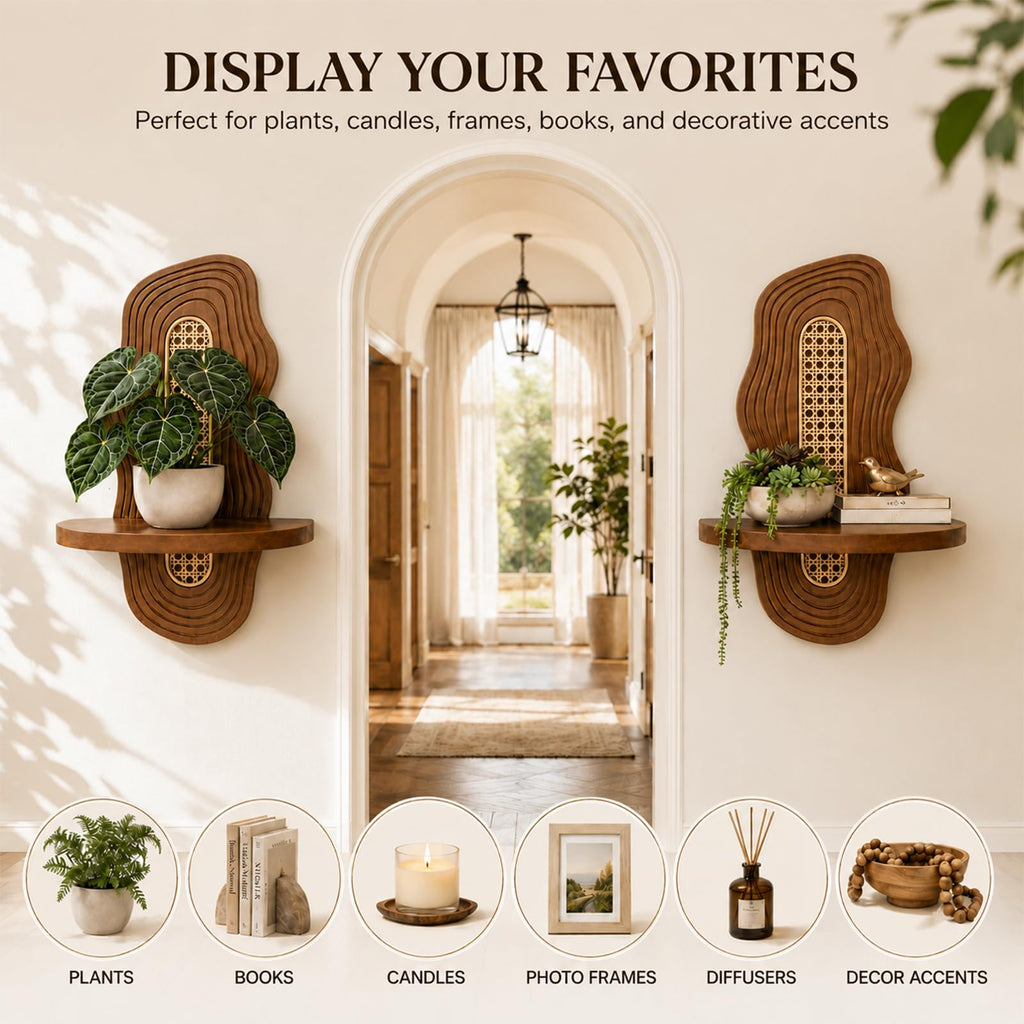 Boho Wall Decor Plant Shelves 2 Pack, Floating Shelves for Wall, Solid Pine