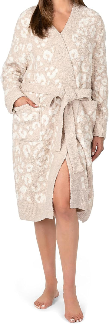 Premium Plush Robe for Women, Soft Cozy Fuzzy Bathrobe with Pockets, Warm Mid-Length Lounge Robe with Tie Belt