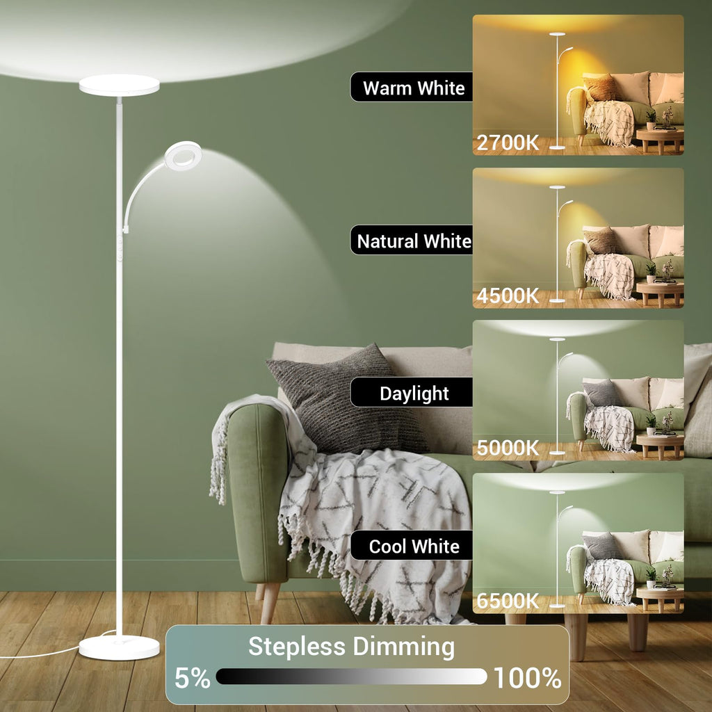 White Floor Lamp, 42W Super Bright LED Room Lamp with Adjustable Reading Light, Dimmable Modern Standing Lamp