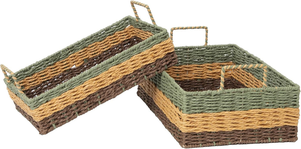 Handmade Rectangle Woven Paper Rope Storage Basket with Iron Frame,Basket with handles Decor, Shelf & Desktop