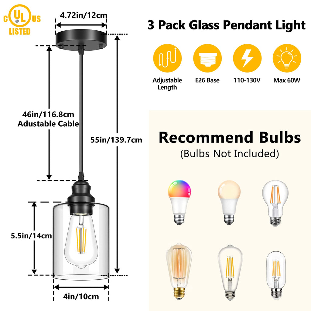 2 Pack Modern Black Pendant Lighting, Clear Glass Shade Pendant Lights Kitchen Island, Hanging Ceiling Light Fixture