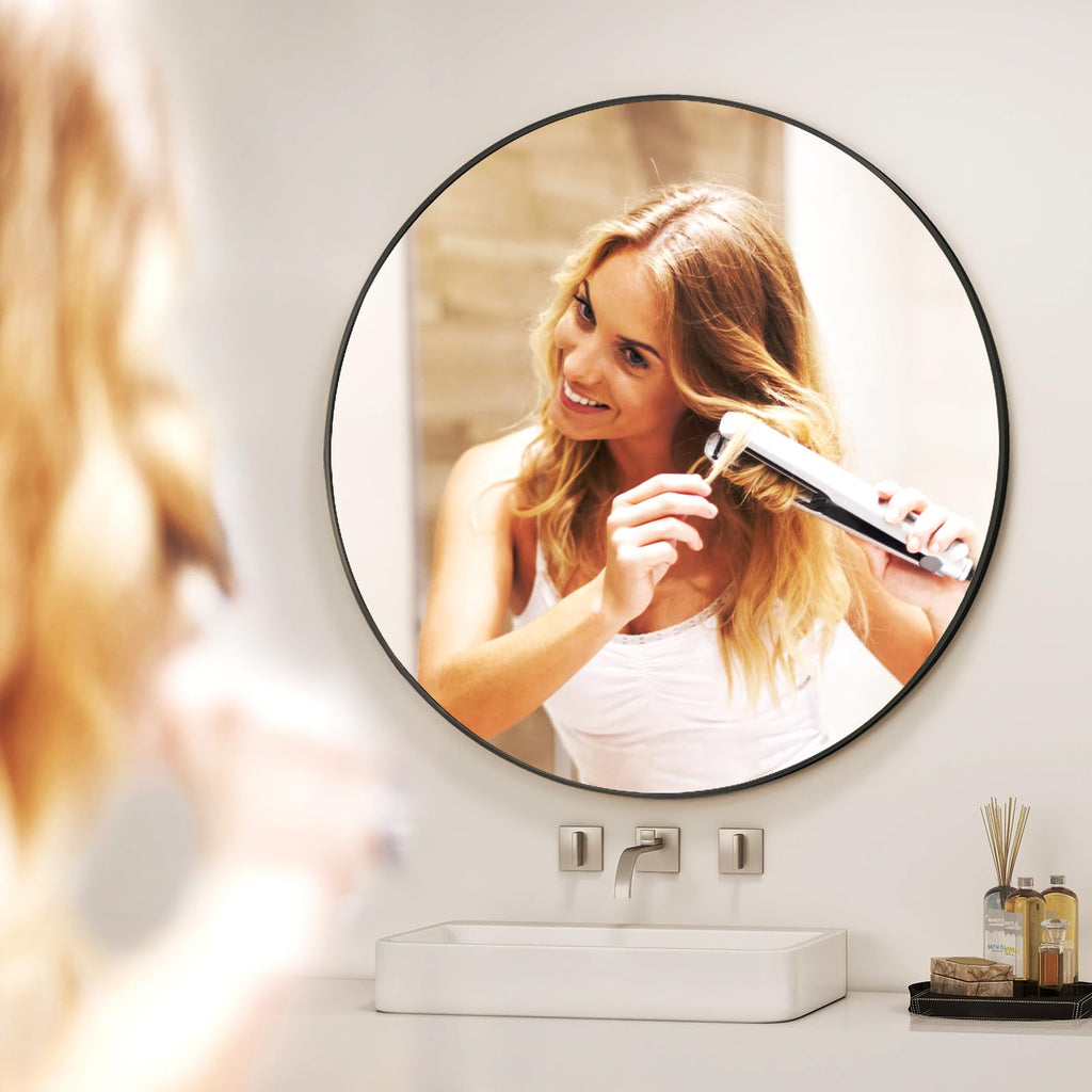 42 Inch Round Bathroom Mirror - Black Wall Mounted Circle Mirror with Metal Frame, Modern Round Hanging Mirror