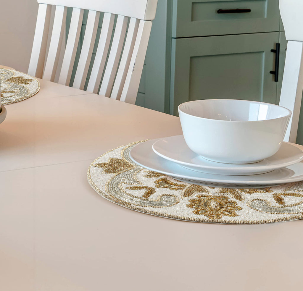 Beaded Charger Placemats Set of 2, 13" -Silver Gold Ivory