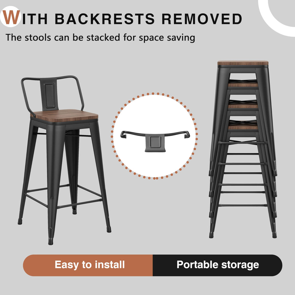 30 Inch Bar Stools Set of 4 Industrial Metal Barstools Bar Height Bar Stool with Backs Kitchen (30 inch, Black)