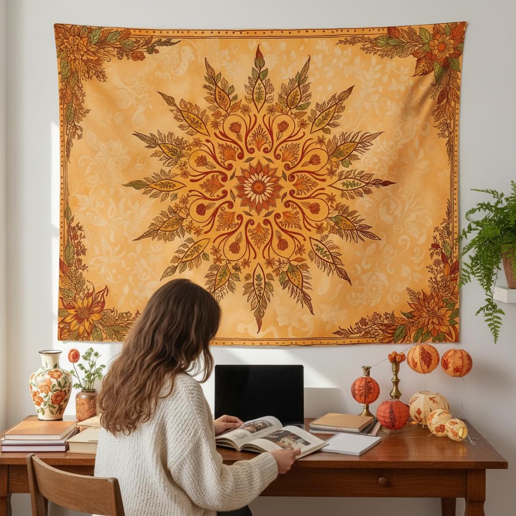 Boho Mandala Floral Tapestry Vintage Bohemian Indian Tapestries Aesthetic Retro Orange Yellow Flower Extra Large