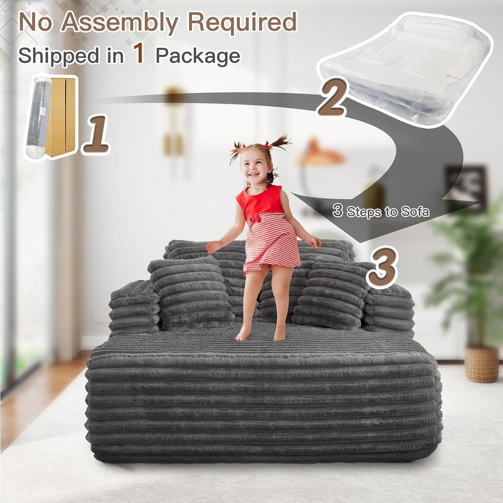 56" Oversized Chaise Lounge Chair Indoor,Plush Faux Fur Sleeper Sofa Couch Bed with Pillows&Wide Armrests,Fluffy
