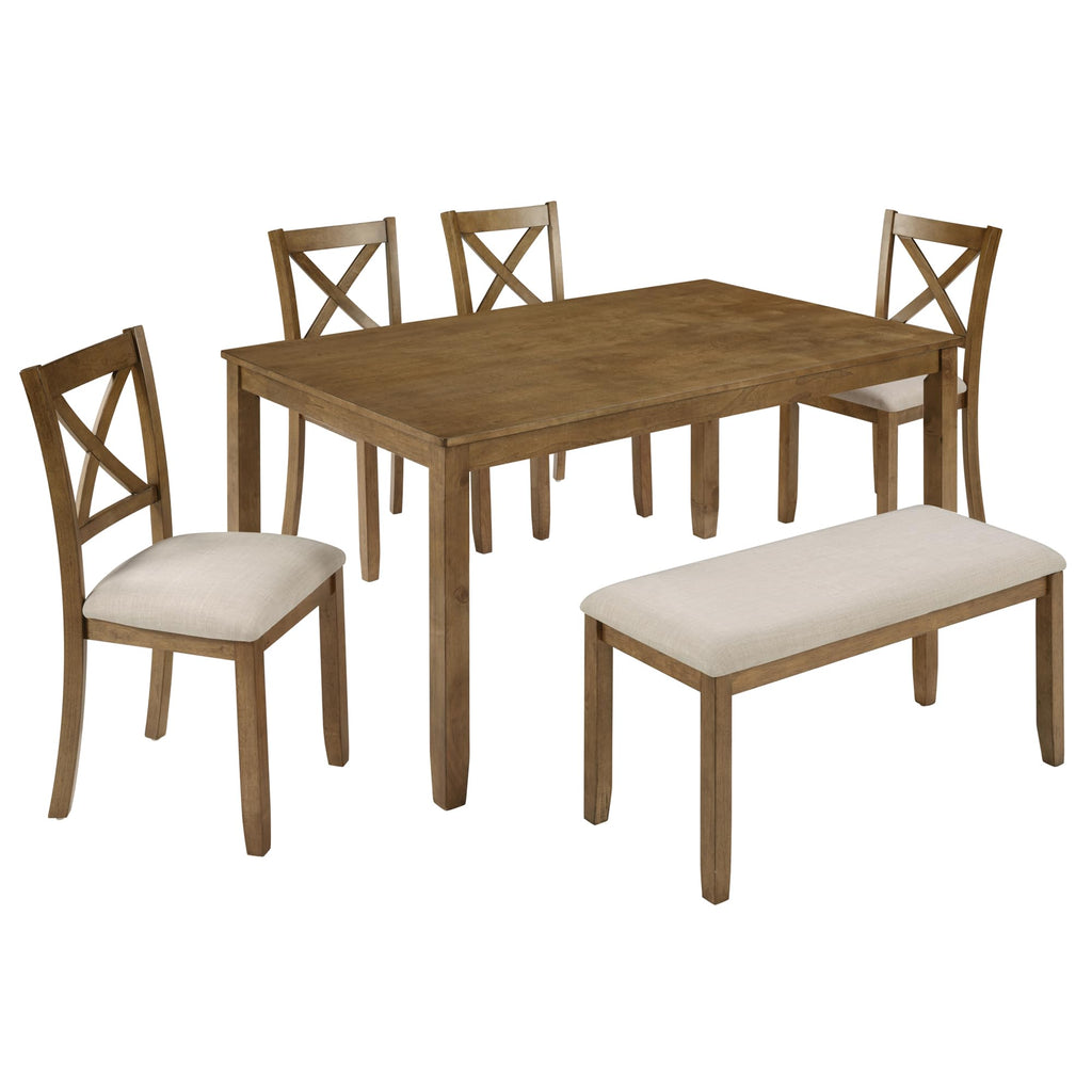 6-Piece Dining Set, 58.5" Table with X-Back Chairs & Upholstered Bench