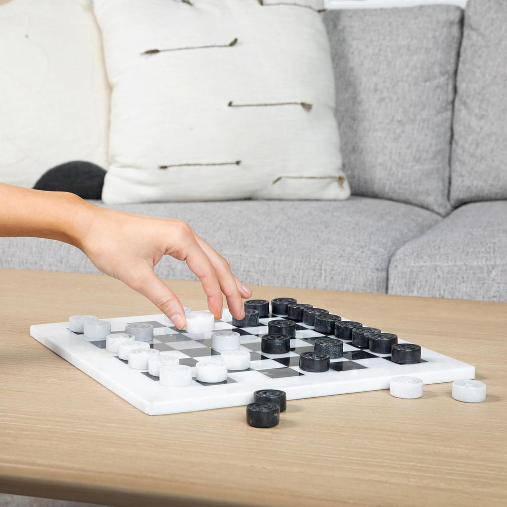 Marble Chess and Checkers Set - Luxury Tabletop Game and Coffee Table Decor - Elegant 3-in-1 Marble Game for Room - Set of 56