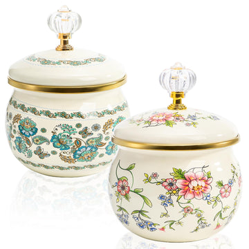 2 Pack Vintage Enamel Storage Jar with Lid, 14 oz Floral Enamel Sugar Bowl Small Kitchen Canister for Candy, Cookies
