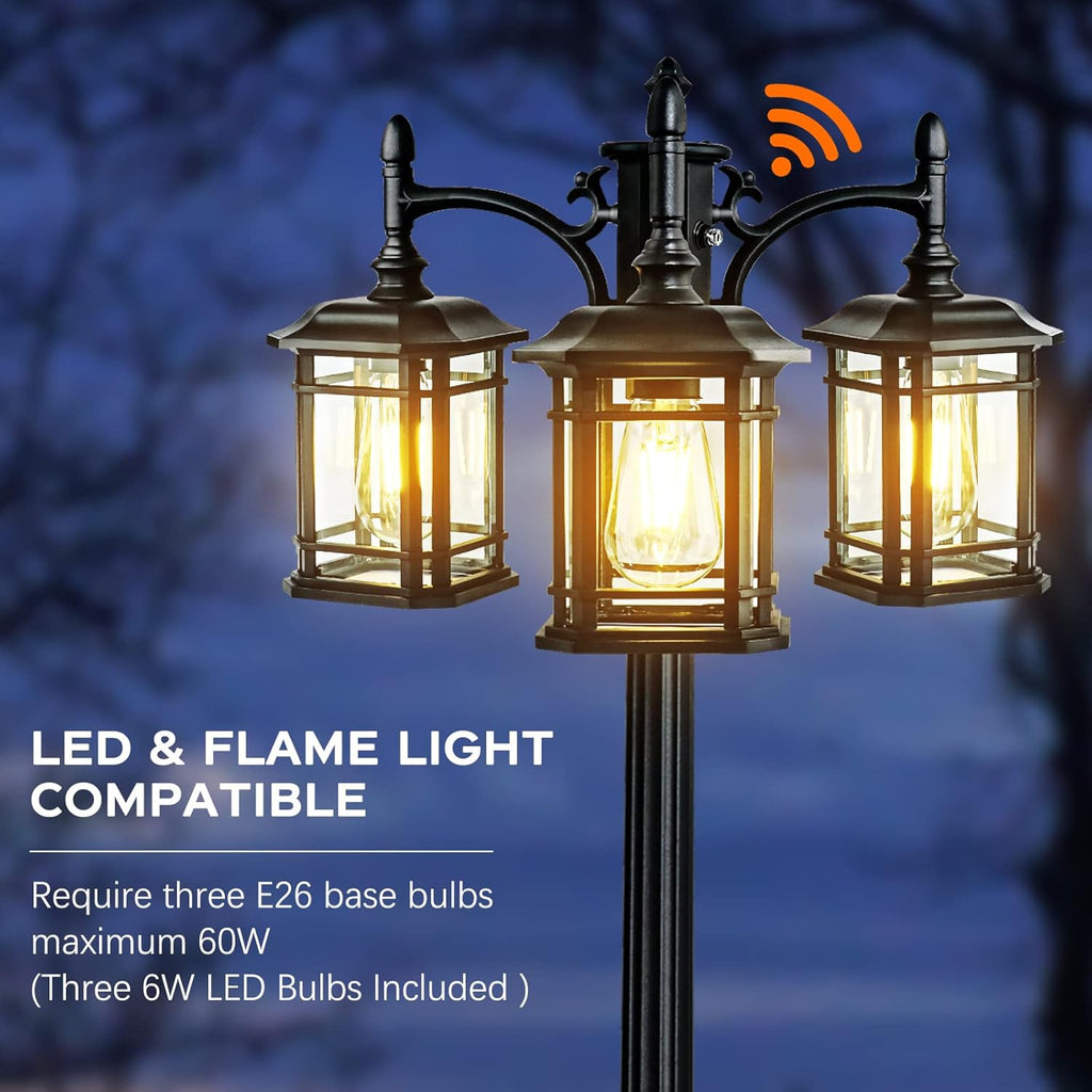 Dusk to Dawn Outdoor Lamp Post Lights, Black Light Pole with Clear Glass Panels (3 LED Bulbs Included)