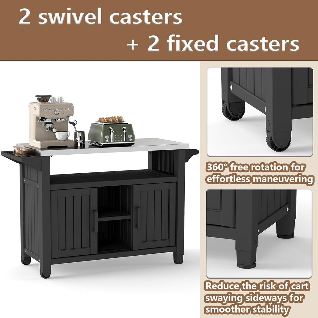 Outdoor Storage Cabinet, Patio Storage Table, Bar Table with Wheels, Outdoor Bar Cart, Poolside and Backyard, Classic