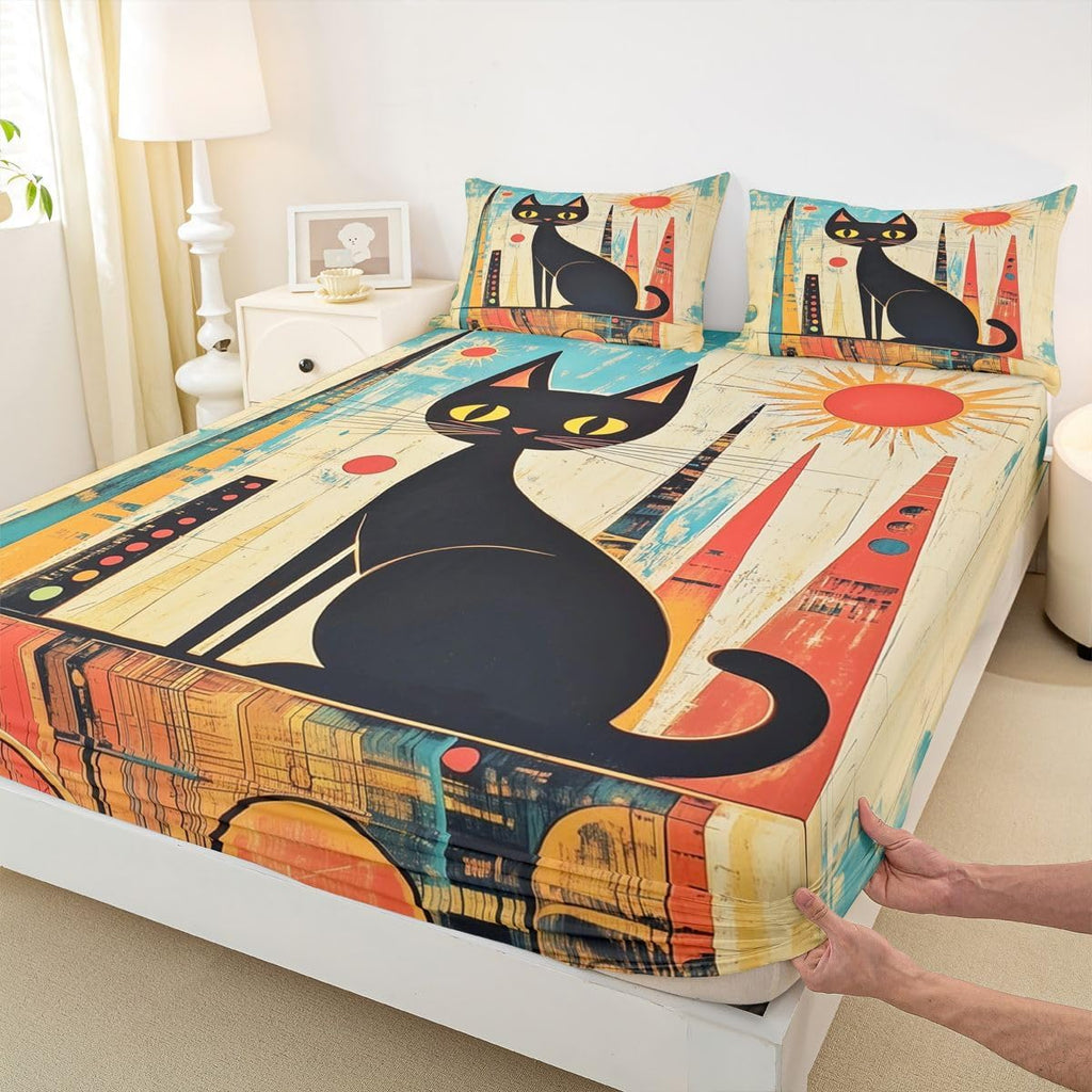 Mid-Century Modern Black Cat Sheets Queen Size Vintage Cute Cartoon Cat Bed Sets Kids Teen Abstract City Animal