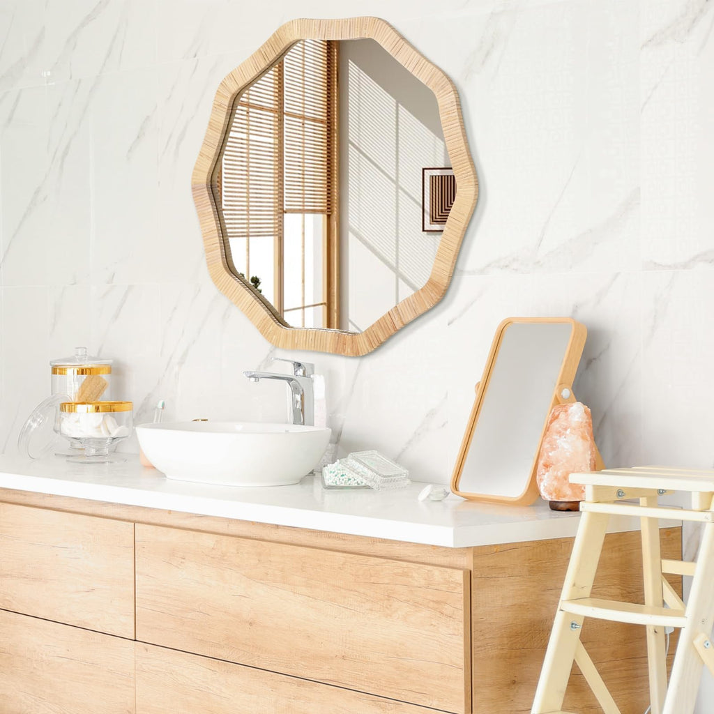 Rattan Wicker Bathroom Wall Mirror, 24 Inch Boho