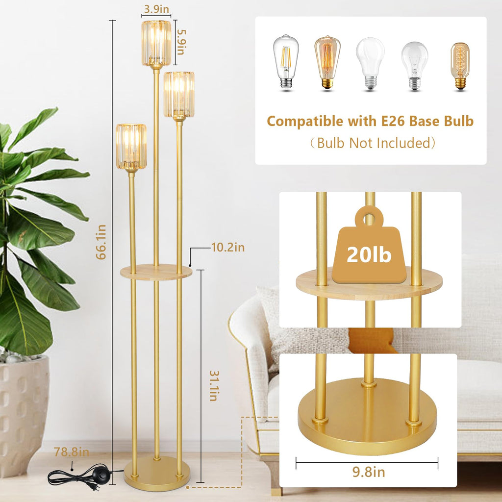 Gold Standing Lamp with Shelf, Vintage Floor Lamp, Retro Floor Lamp with Table, Mid Century Tall Lamp with Amber
