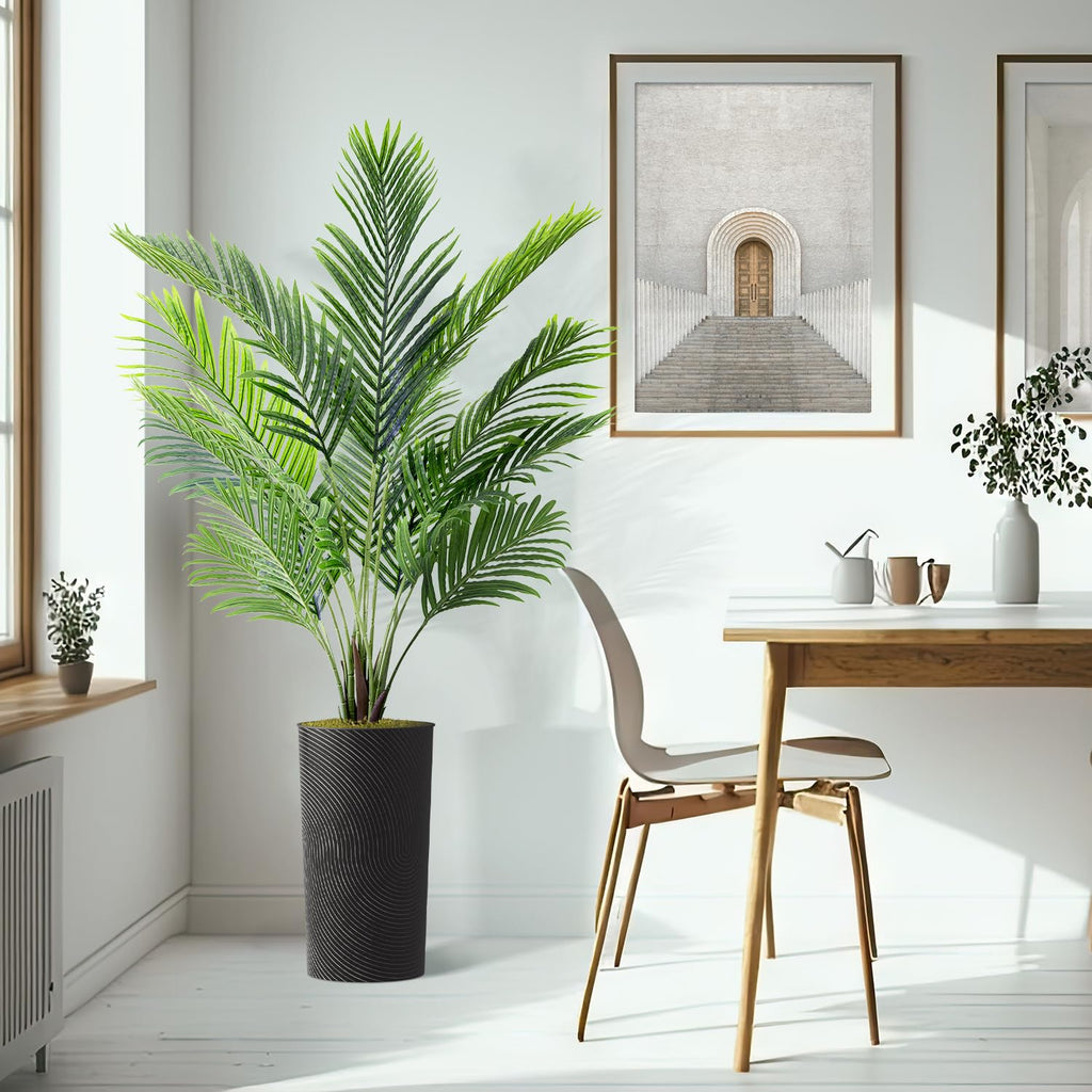 Artificial Tree in Geometric Spiral Pattern Planter, Fake Areca Tropical Palm Silk Tree for Indoor and Outdoor Home