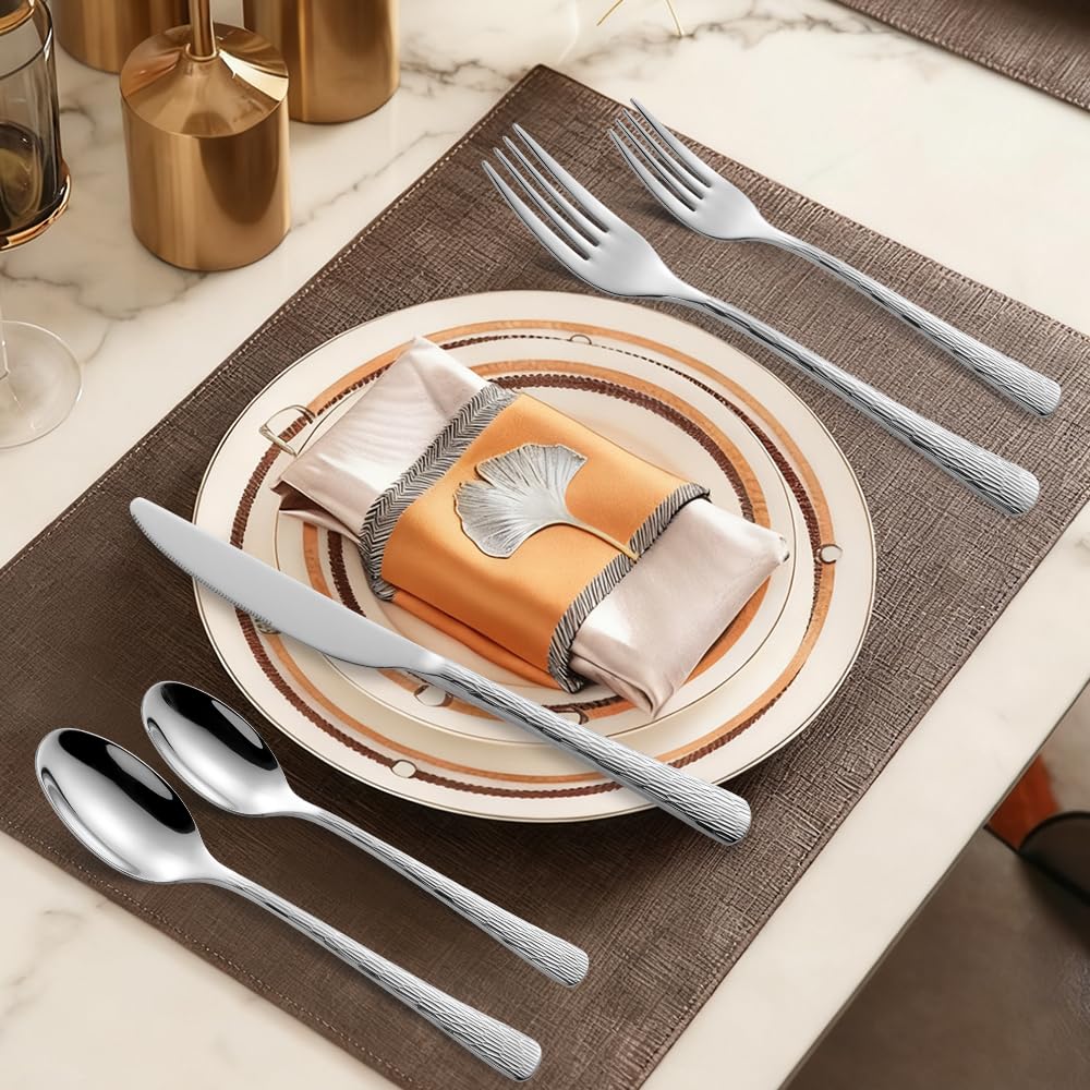 Black Hammered Silverware Set, Heavy Duty Flatware Set, 18/10 Stainless Steel Premium Cutlery with Unique Ripple