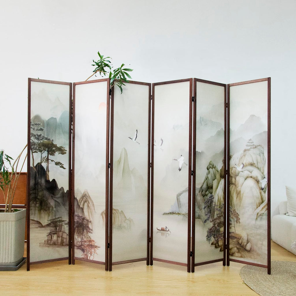 6 Panel Room Divider Screen, Double Faced Room Divider Folding Wall Divider for Room Separation, Mountains and Waters