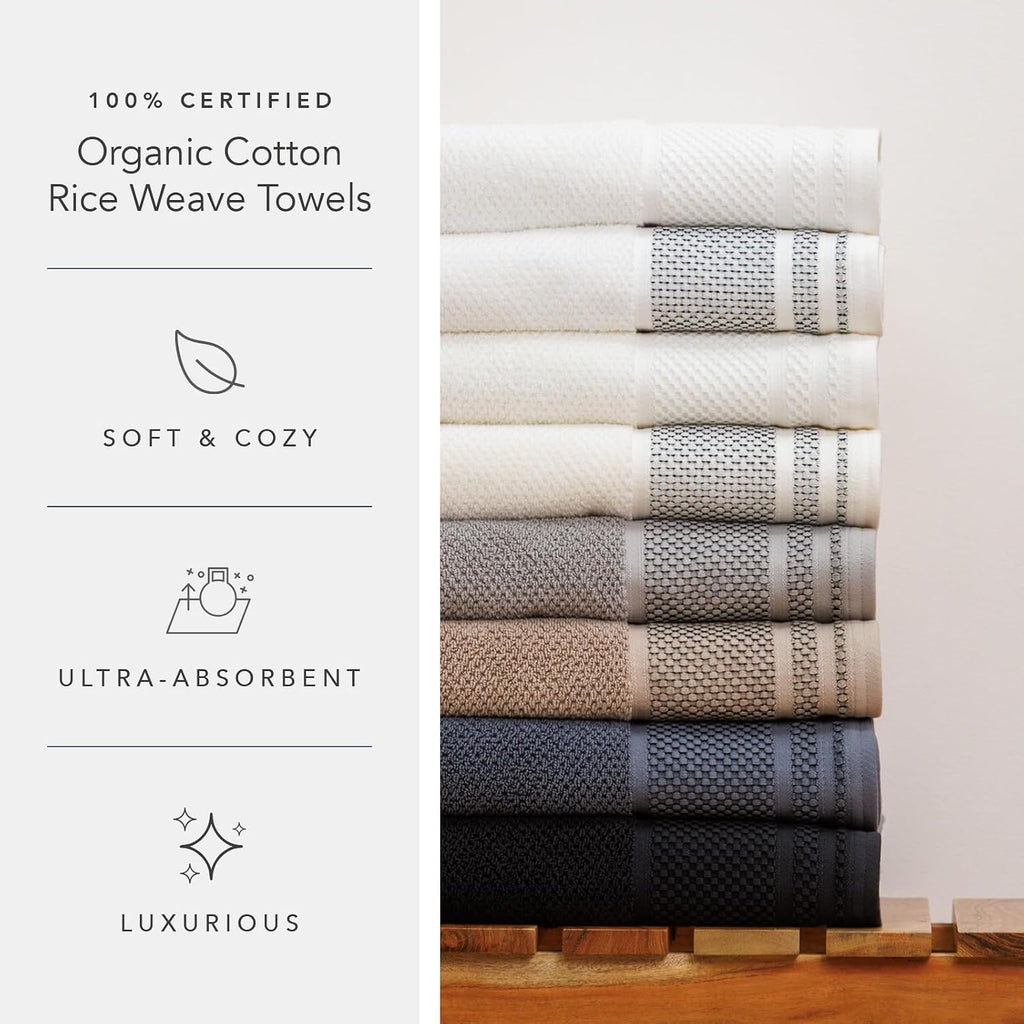 Texere 100% Organic Cotton Rice Weave Jacquard 700 GSM Luxury Bath Towel Set - 2 Large Bath Towels, 2 Hand Towels