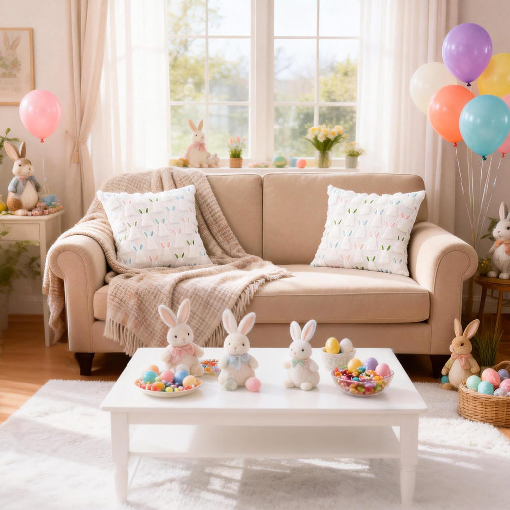 18" x 18" Pillow Covers, Easter Decorations Cute Soft Plush Bunny Throw Pillow, Spring Farmhouse Decorations - Set of 2