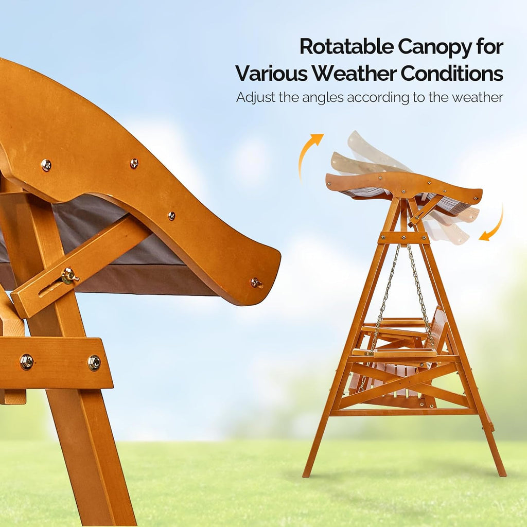 Porch Swing with Canopy and Stand, Waterproof Outdoor Swing, Brown | Waterproof Sunshade Canopy; Stable Swing Frame;