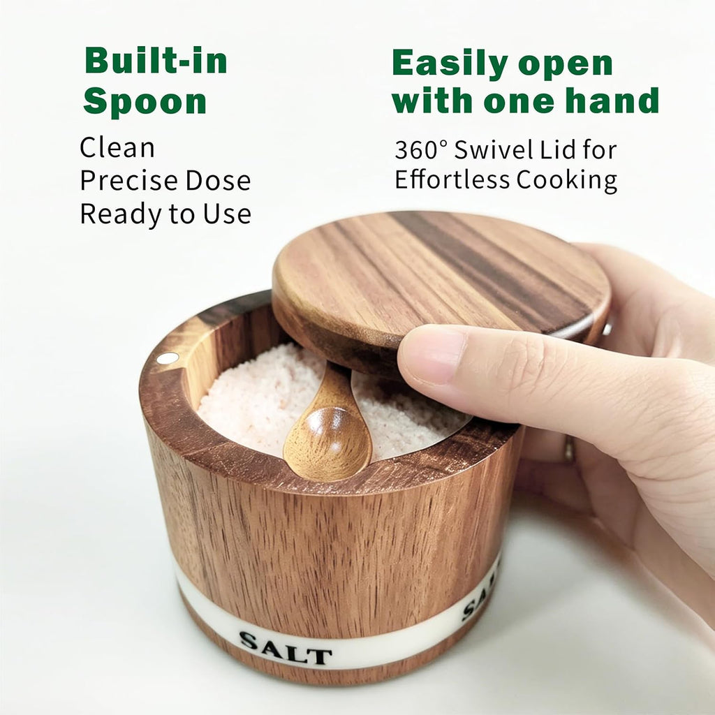 Salt Cellar, Acacia Wood Salt Containers with Lid for Countertop