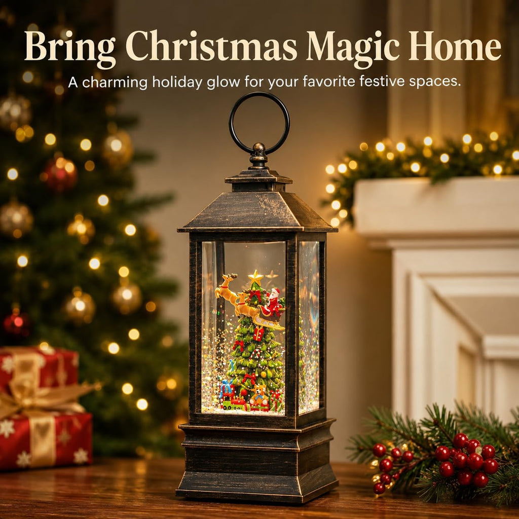 Christmas Snow Globe Lantern with Music & Timer, Vintage Lighted Musical Snow Globe with Swirling Water Glitter