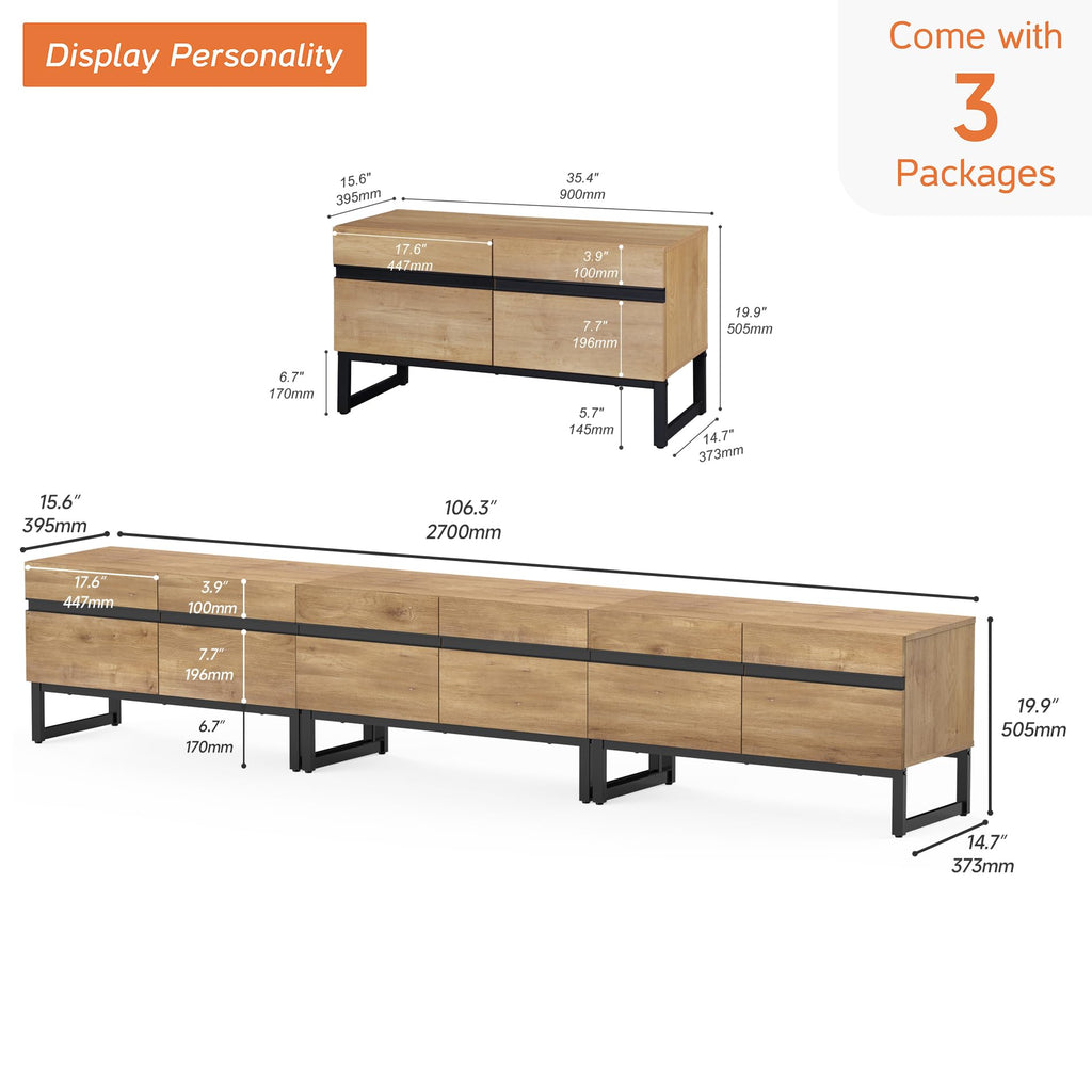 Modern TV Stand for 32-110 Inch TVs, Wood Entertainment Center with Metal Base Storage Cabinets, Media TV Console