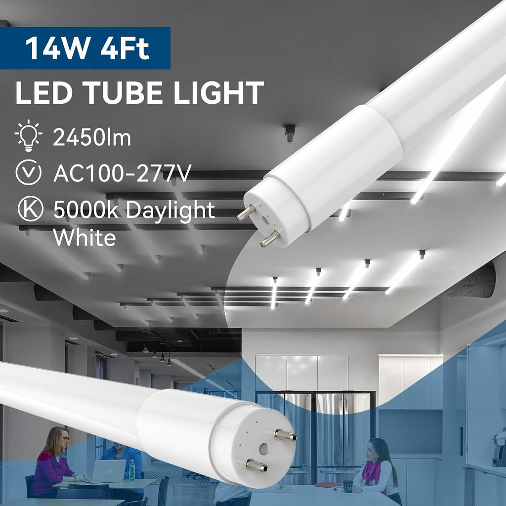 4 Pack T8 LED Tube Lights 4FT, Fluorescent Replacement, 48 Inch, 14W, 2450LM, 5000K Daylight, Single or Double End
