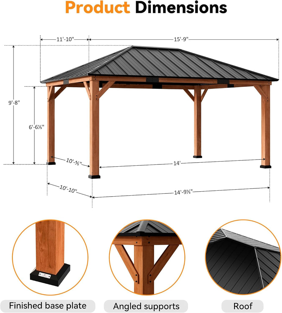 Modern Shade Wood Gazebo 12' x 16', Permanent Hardtop Gazebo with Galvanized Steel Roof, Mosquito Netting and Curtains