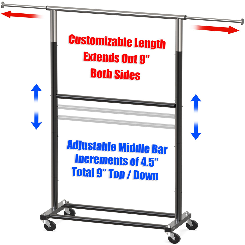 Double Rod Adjustable Clothing Garment Rack, Black