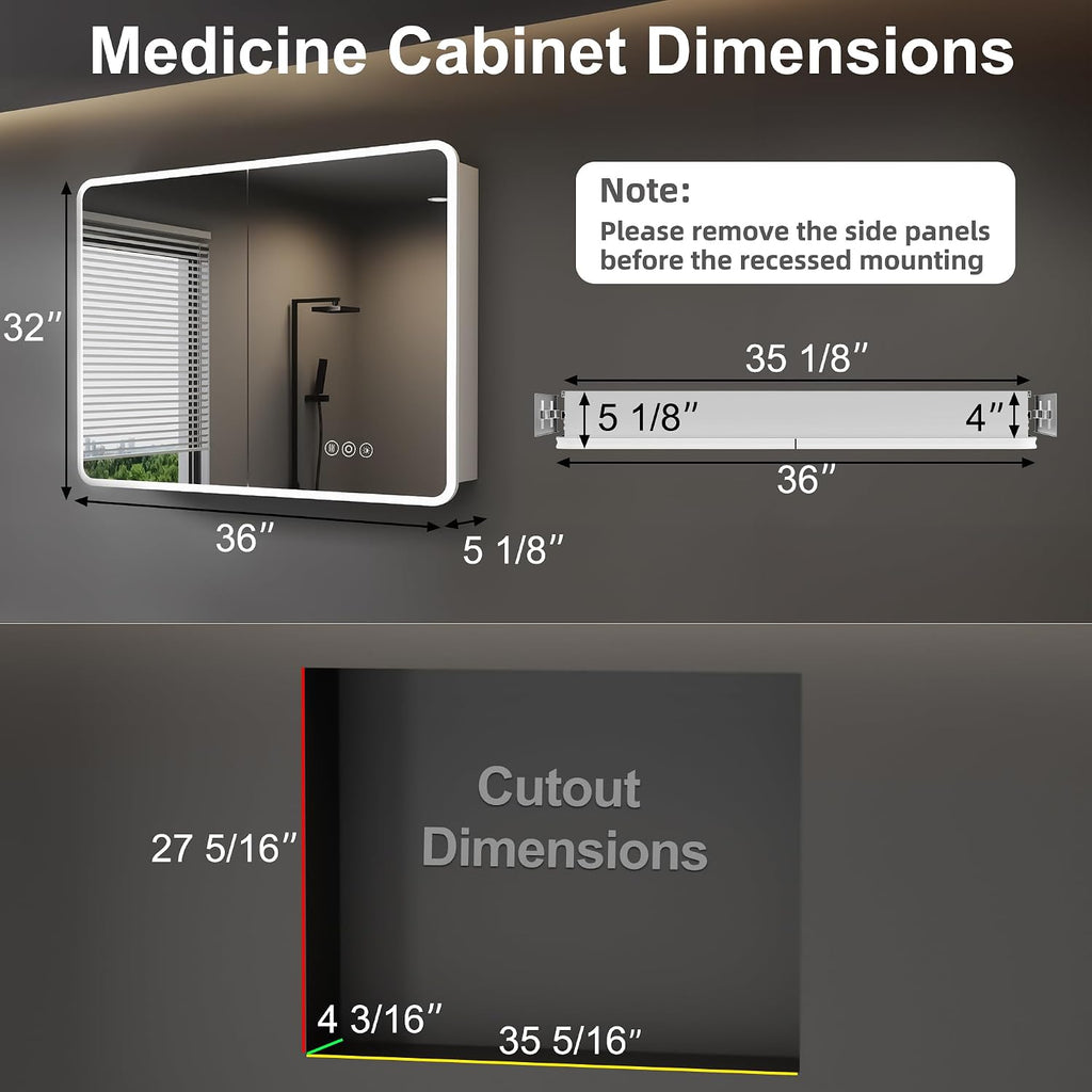 36 x 32 Inch Medicine Cabinet with Mirror and LED Light | Recessed, Wall-Mounted, Dimmable, Anti-Fog, Memory