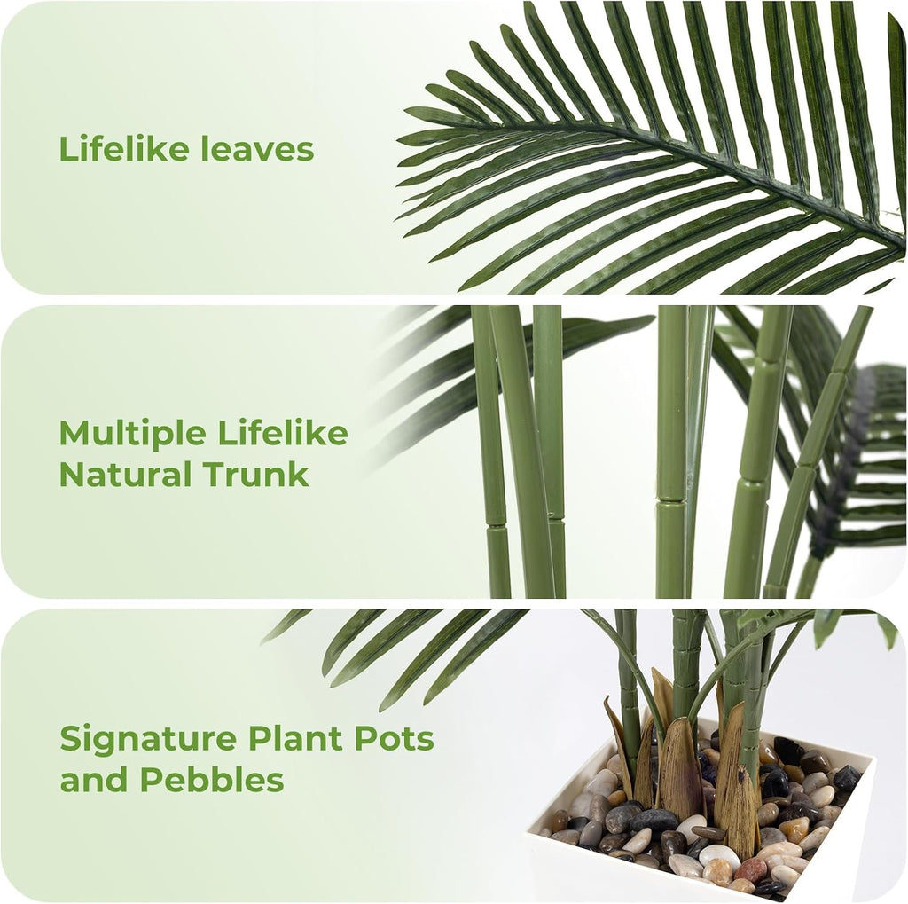 Artificial Palm Trees with Lifelike Natural Trunk, Leaves and Pebbles, 5FT Tall Fake Palm Tree with White Tall