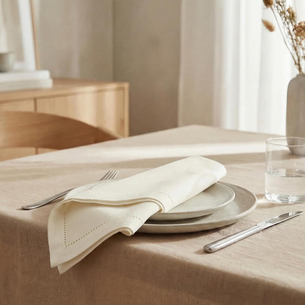 Cloth Napkins Ivory Hemstitch Dinner Napkins Set of 12 (20X20) 100% Cotton Absorbent Washable Durable Reusable Ideal
