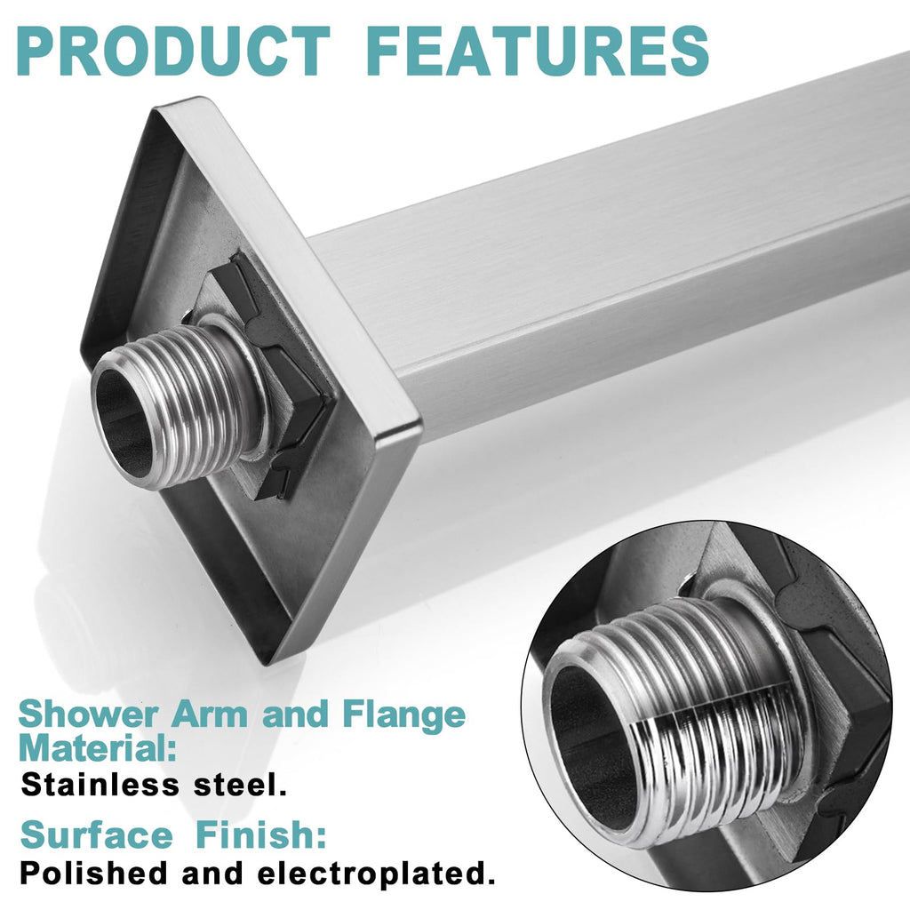 20 Inch Brushed Nickel Ceiling Mount Shower Arm and Flange, Square Rain Shower Arm