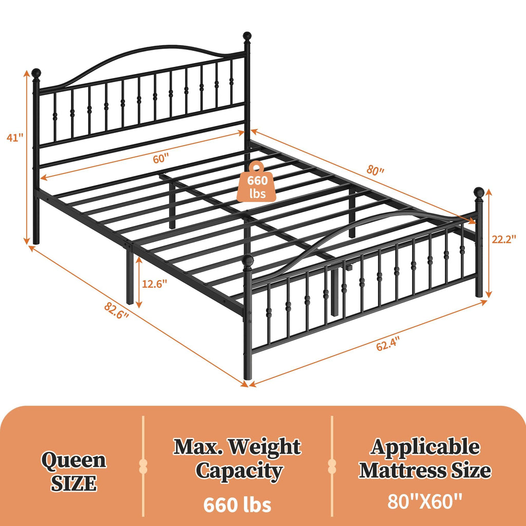Queen Metal Bed Frame with Victorian Headboard, Storage