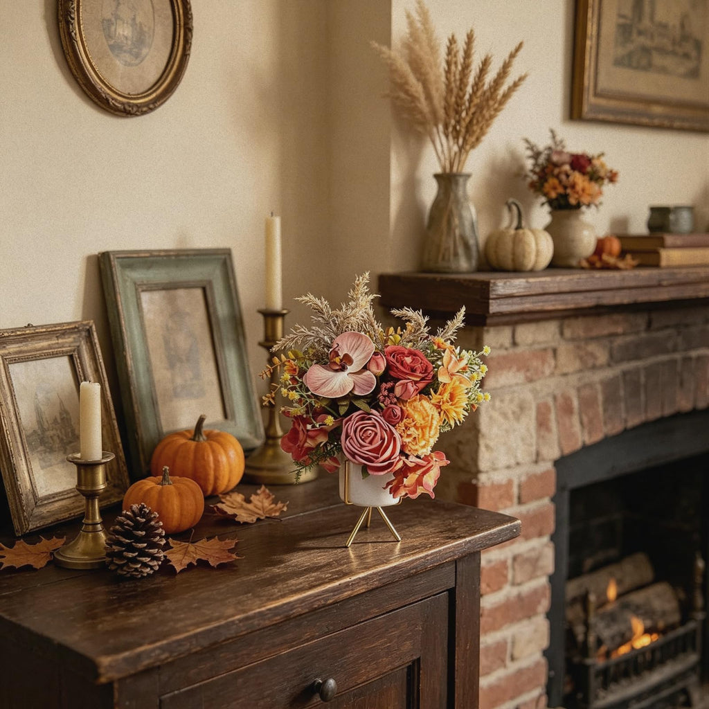 Artificial Flower Arrangement with Ceramic Vase and Gold Metal Stand, Orange and Terracotta Mixed Seasonal Flowers