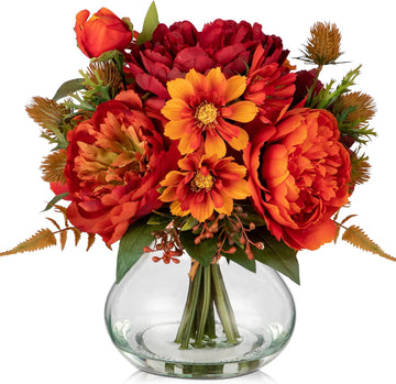 Fake Peony Flowers in Vase Fall Table Centerpiece Faux Floral Arrangement in Vase Autumn Artificial Flowres