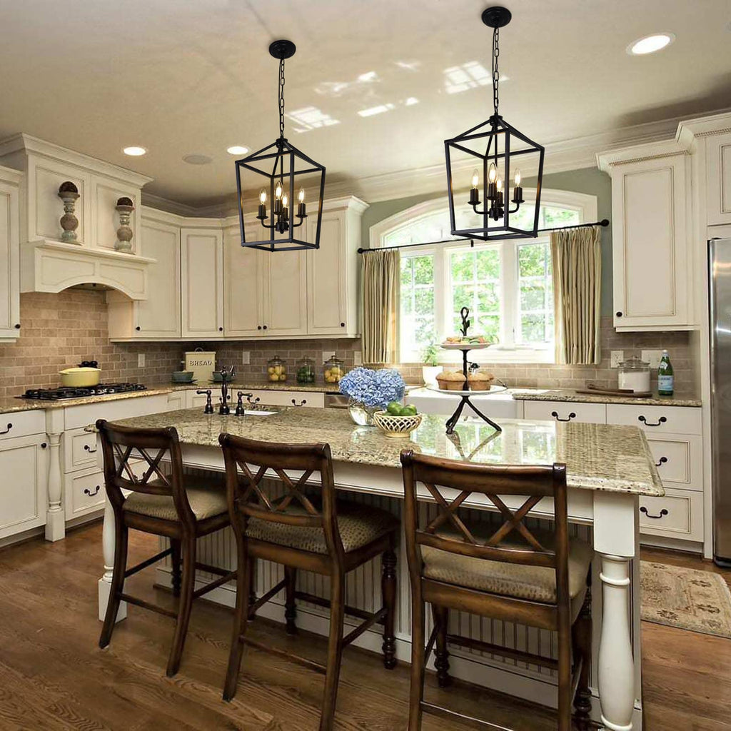 4-Light Black Farmhouse Chandelier Iron Lantern Pendant Light Rustic Cage Hanging Light Fixtures Industrial Foyer