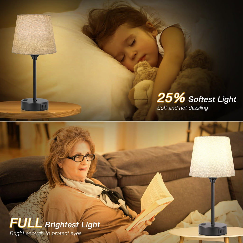 Grey Bedside Lamps Set 2 - Dimmable Touch, USB C+A, AC Outlet
