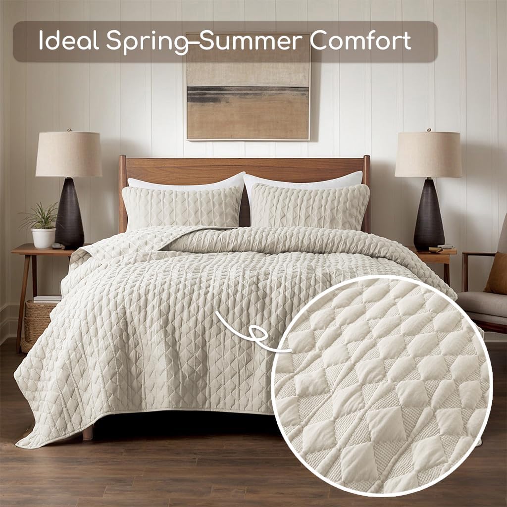 Light Beige Quilt King Bedding Set with 2 Pillow Shams, Lightweight Soft Bedspread Coverlet, Thin Comforter Bed Cover