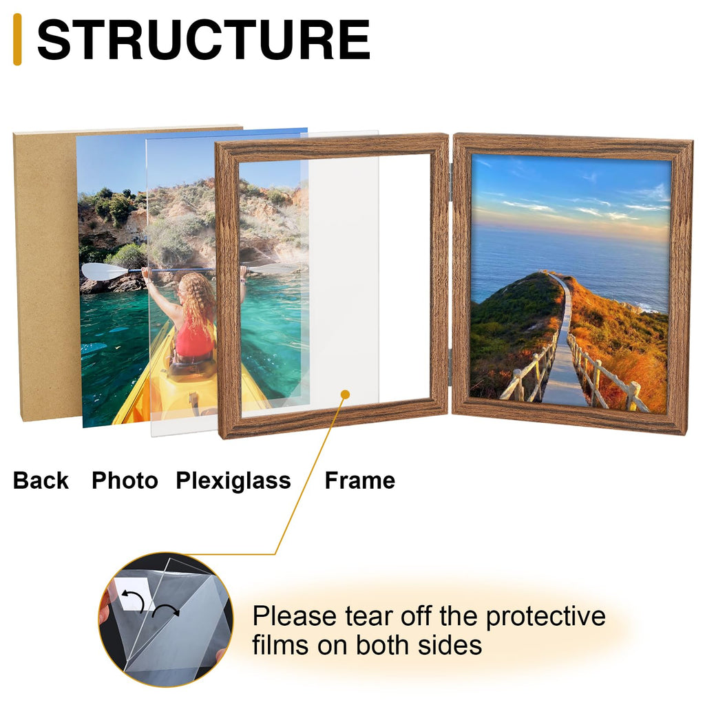 8x10 Double Picture Frame, Hinged 2 Photo Frames, Rosewood